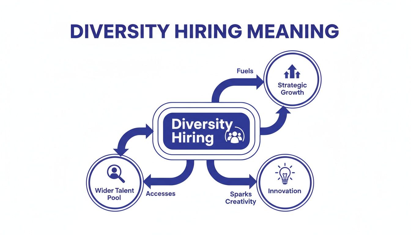 Flowchart showing how diversity hiring leads to a wider talent pool, innovation, and strategic growth.