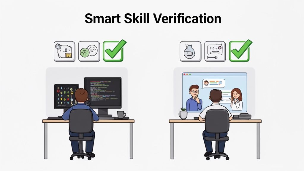 Illustration of smart skill verification through coding tasks and online video interviews.
