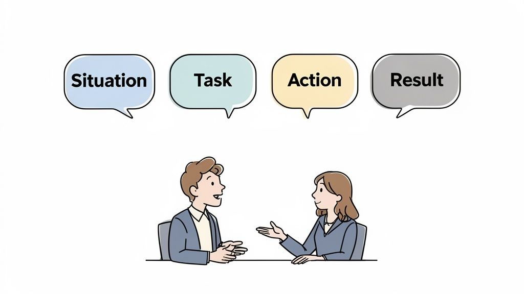 Illustration of two people discussing, with four speech bubbles labeled Situation, Task, Action, and Result, representing the STAR method.