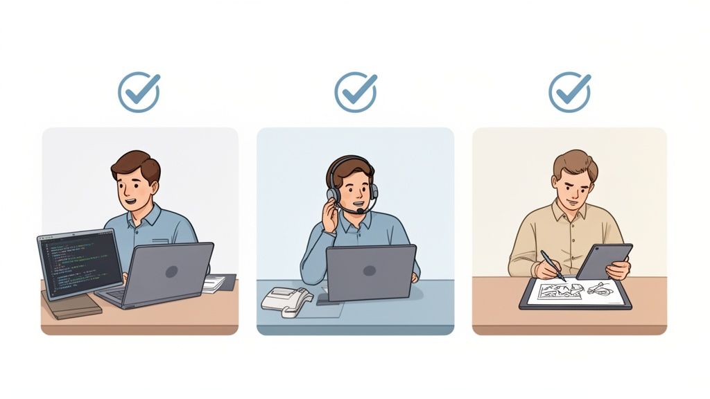 Illustration of three diverse professionals working: a programmer, a call center agent, and a digital artist.