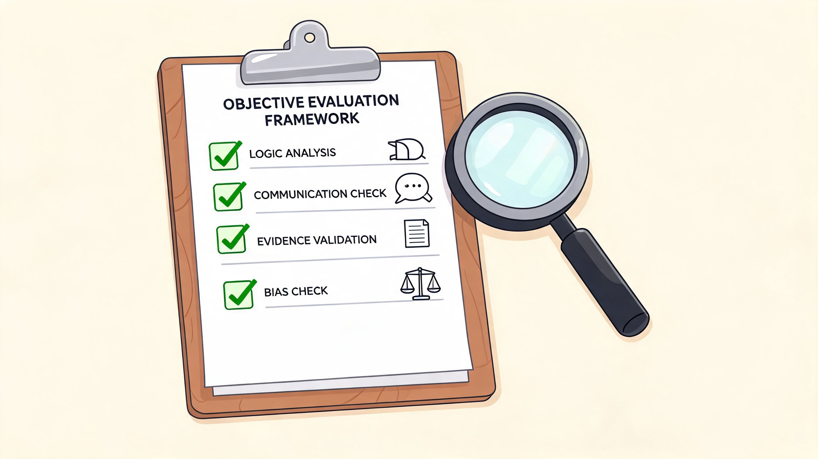 A clipboard with an objective evaluation framework list and a magnifying glass, illustrating professional assessment steps.
