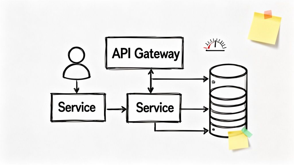 Diagram illustrating a microservices architecture with a user, API Gateway, multiple services, and a database.