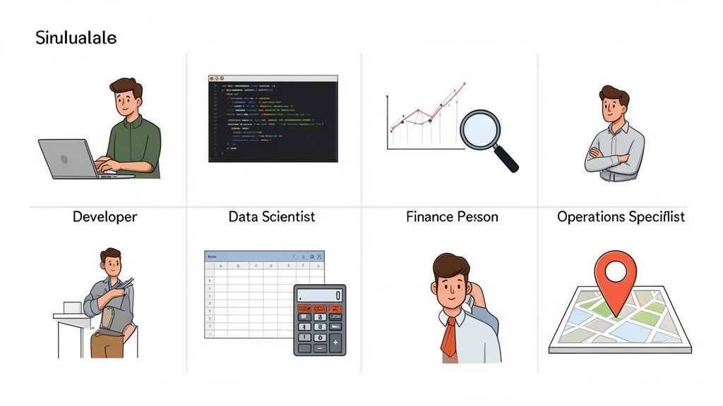 Illustrations of different job roles including developer, data scientist, finance person, and operations specialist.