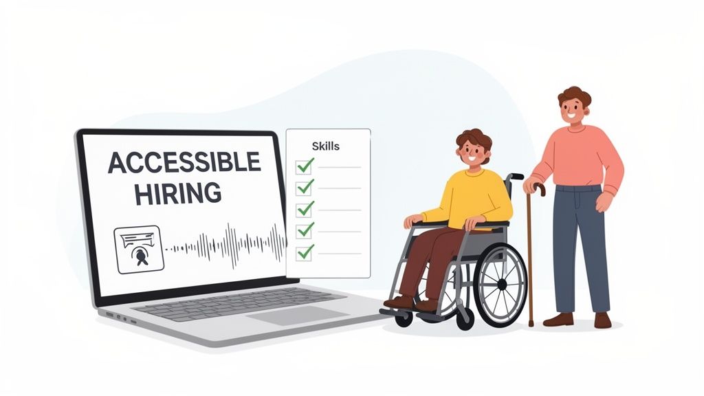 Illustration showing accessible hiring on a laptop screen, a skills checklist, and two smiling disabled men.