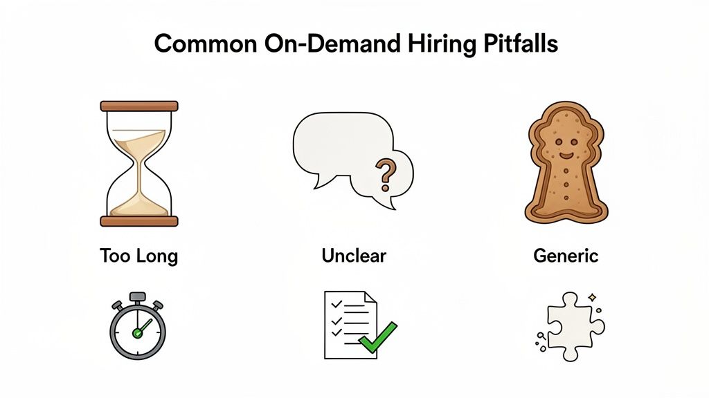 Infographic illustrating common on-demand hiring pitfalls: Too long, unclear, and generic, with corresponding icons.