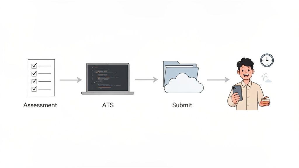 A flowchart showing the online job application process: assessment, ATS, cloud submission, and a happy applicant.