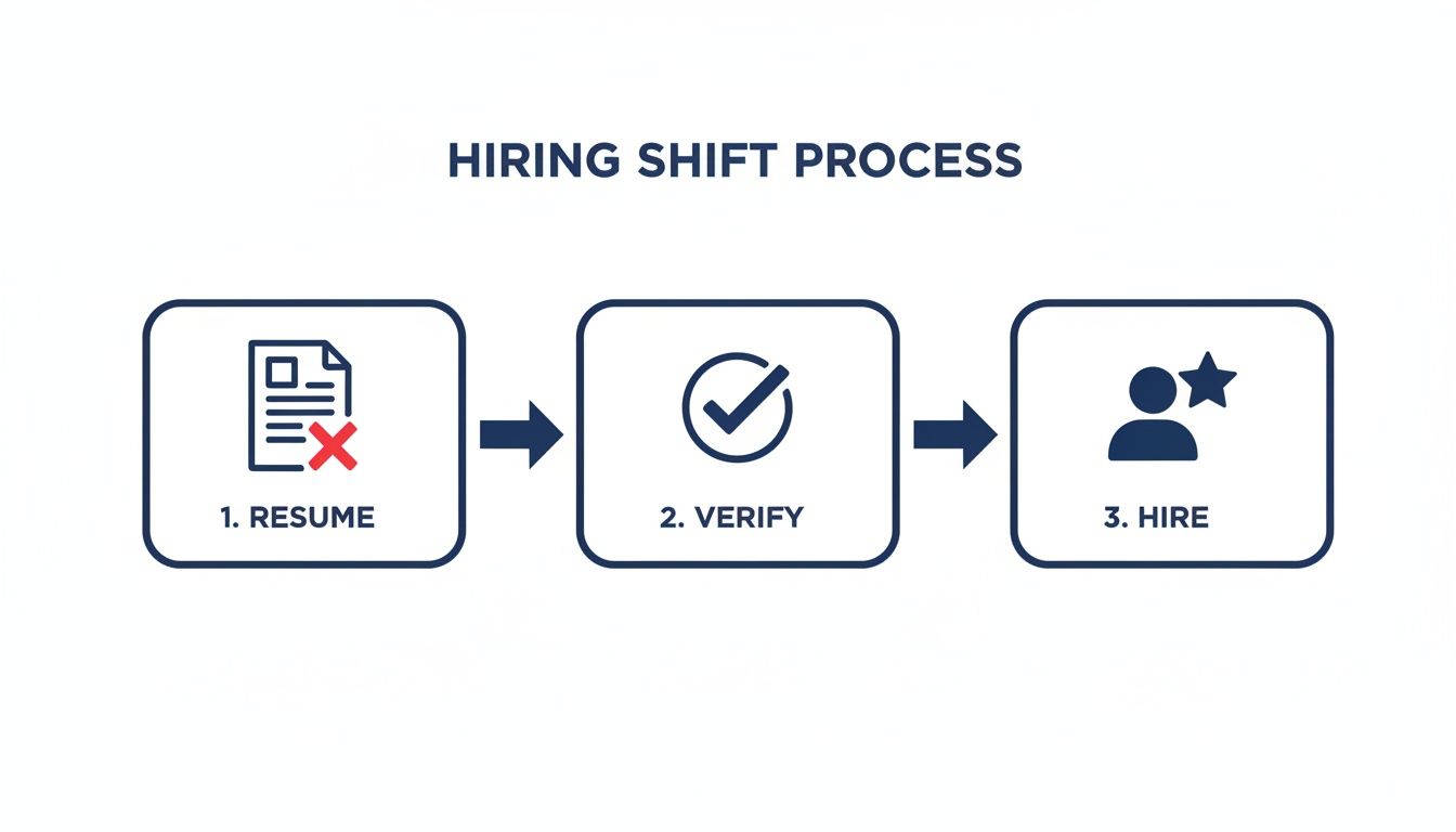 A three-step hiring shift process diagram showing resume screening, verification, and final hiring.