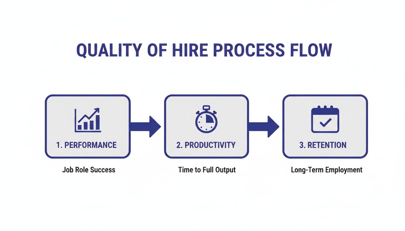 Flowchart illustrating the quality of hire process, detailing performance, productivity, and retention metrics.