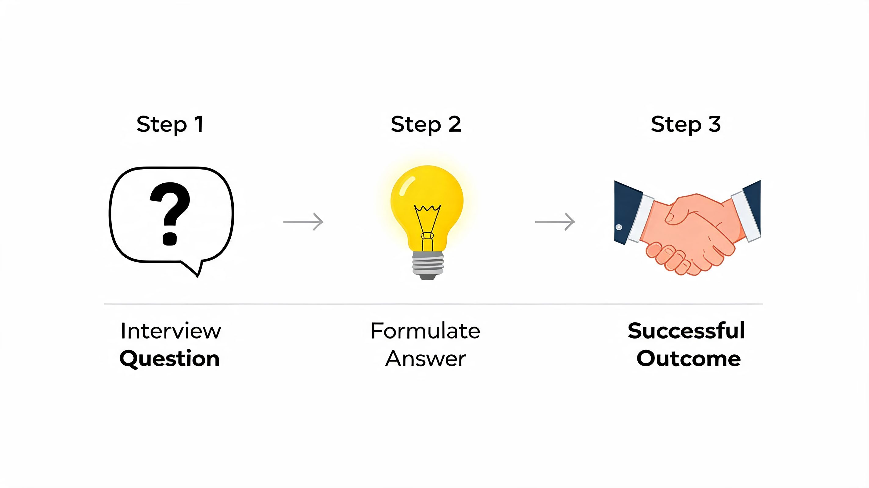A three-step diagram illustrating the process of solving a case study interview starting with a question.