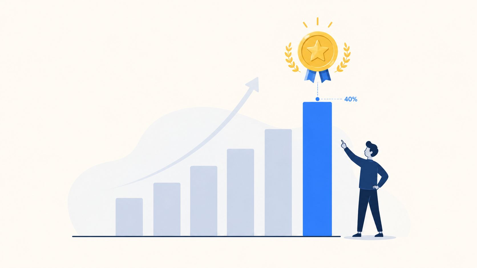 A professional illustration showing a person pointing at a growing bar chart topped with a gold award.