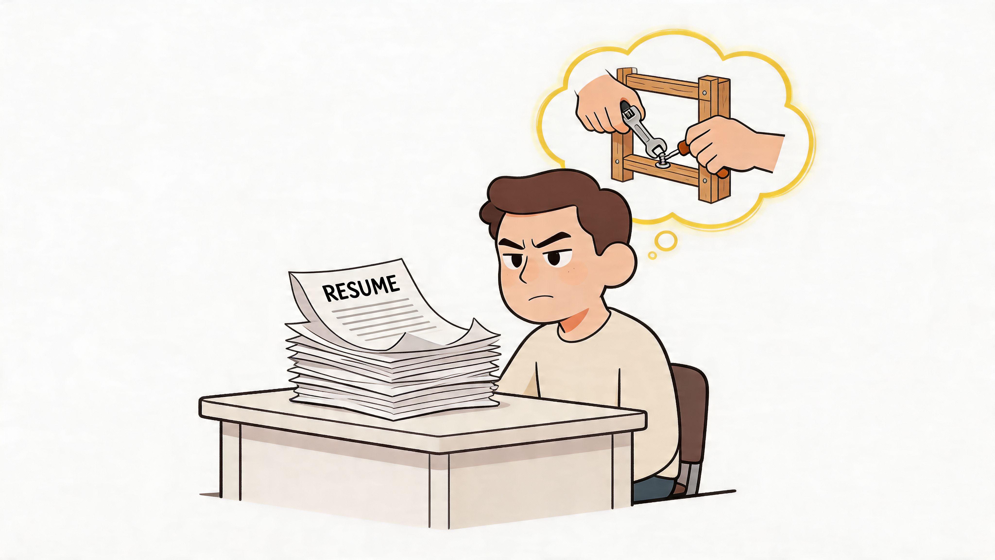 A frustrated person looking at a large stack of resumes while thinking about manual trade work.
