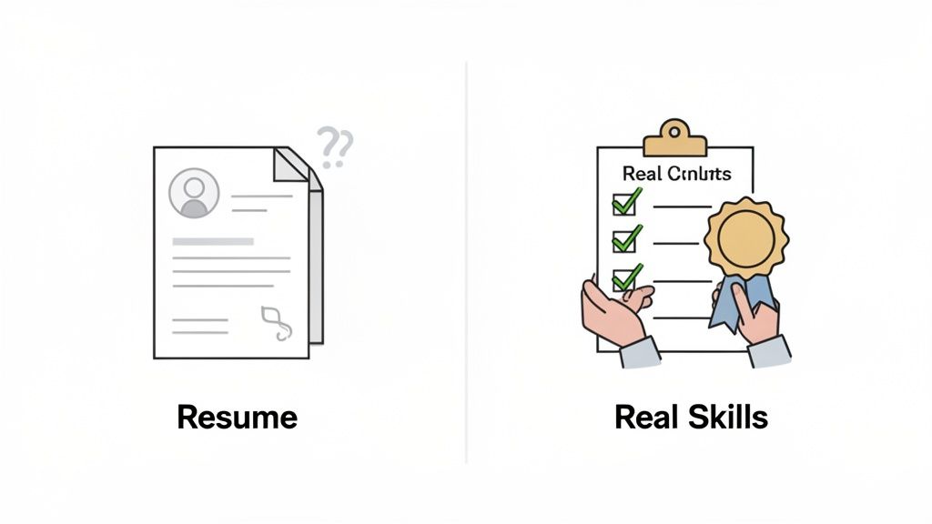An illustration comparing a resume with question marks to hands holding a checklist of real, checked-off skills and an award.