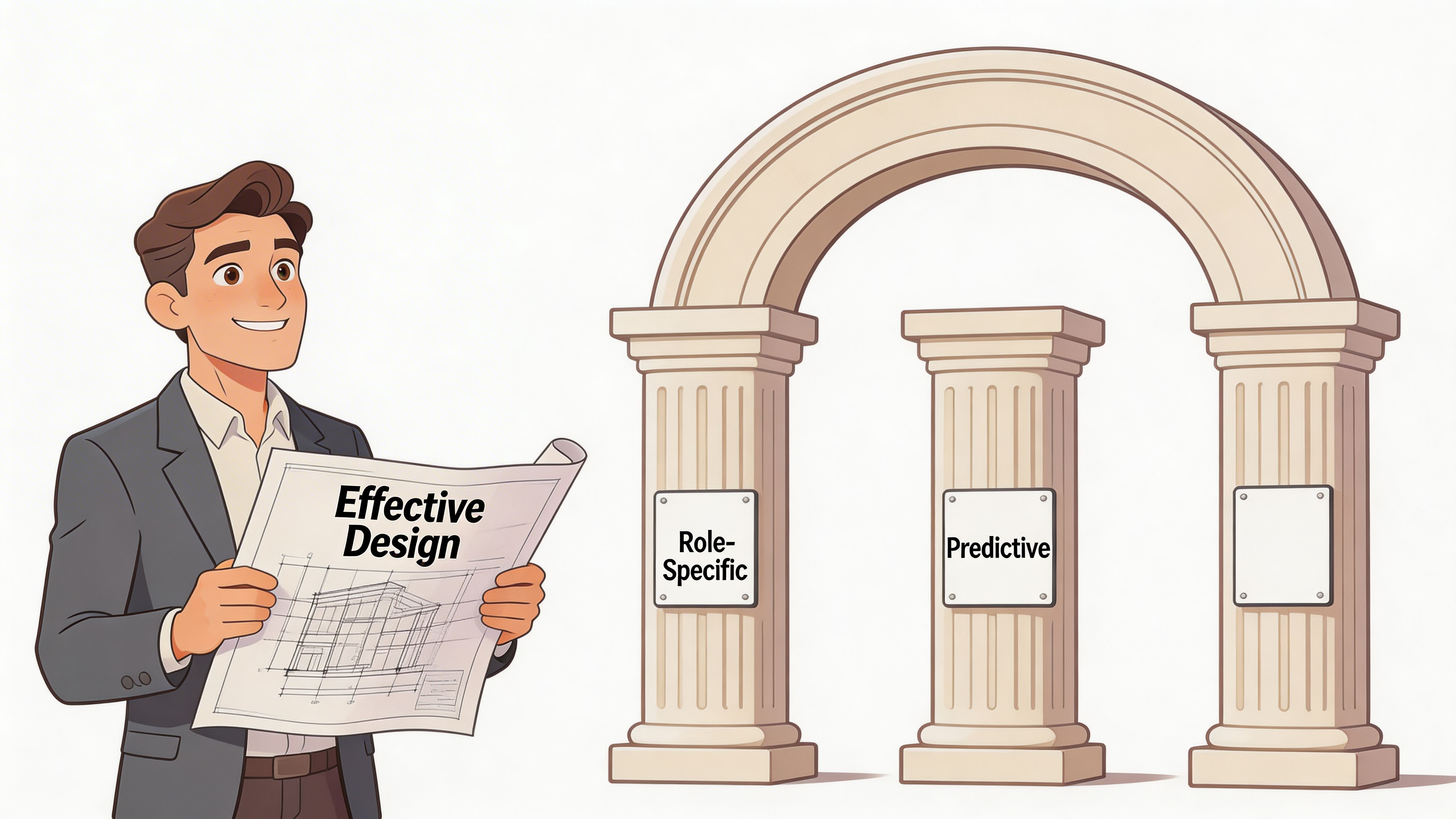 A professional man holding architectural blueprints near a classical arch with pillars labeled for design concepts.