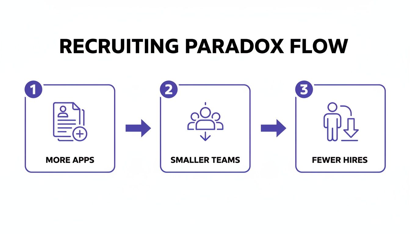 A recruiting paradox flow diagram showing three steps: more applications, smaller teams, and fewer hires.