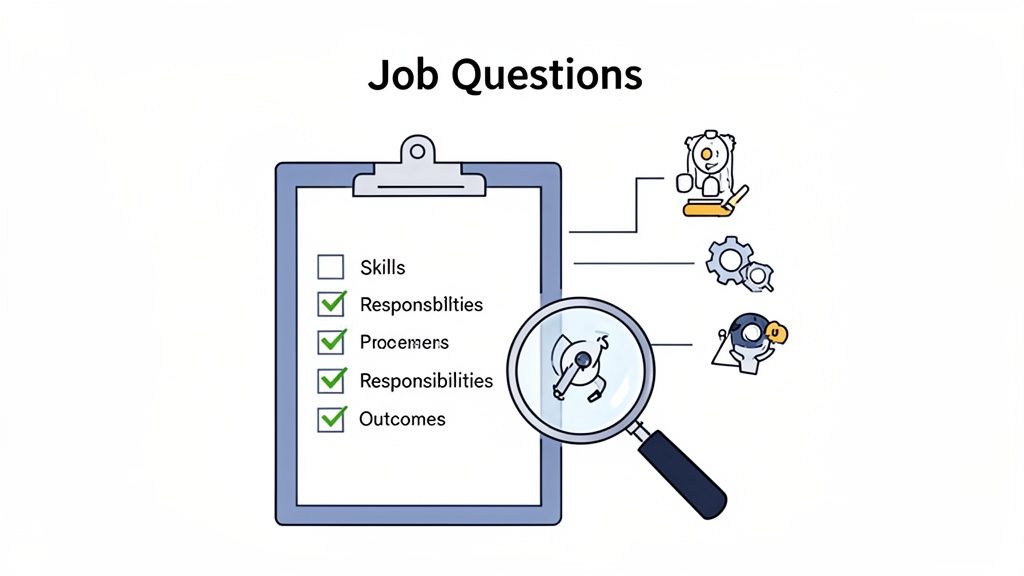 Illustration of a clipboard checklist for job questions, covering skills, responsibilities, procedures, and outcomes.