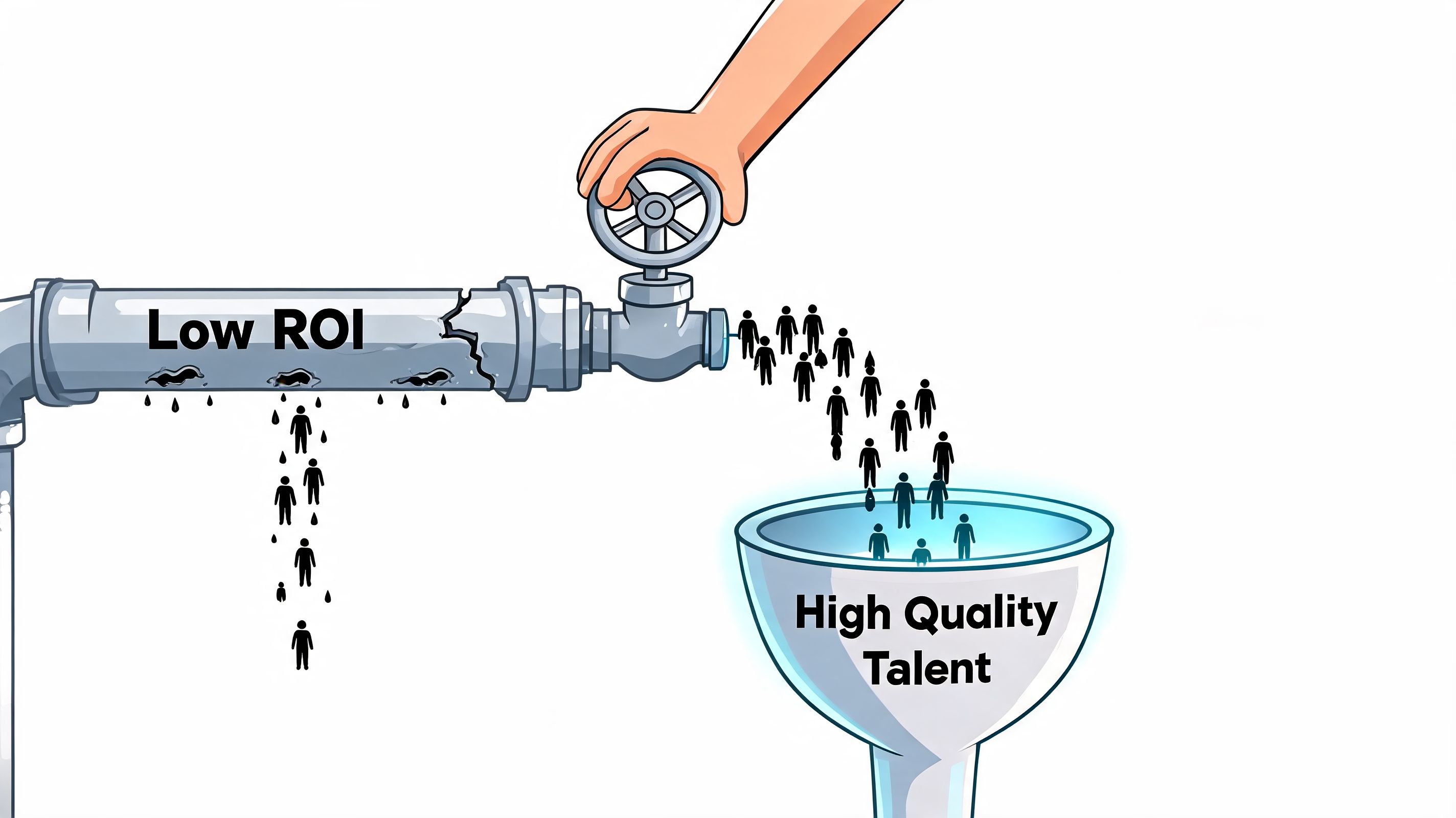 A hand turning a valve to redirect talent from a leaking pipe into a high quality funnel.