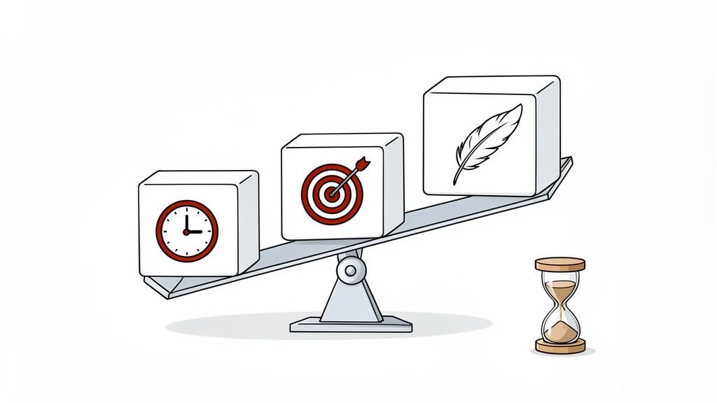 A balance scale holds three cubes representing time, goals, and quality, next to an hourglass.