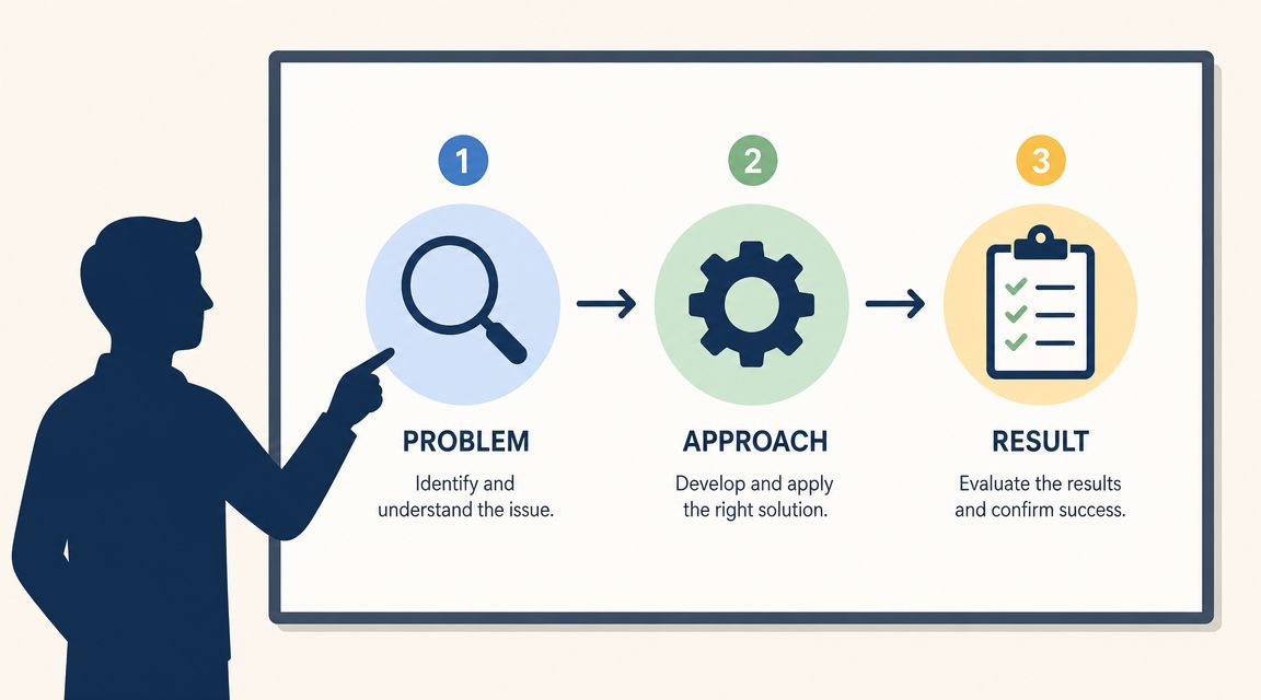 A professional illustration showing a three-step process: identify a problem, develop an approach, and evaluate the result.