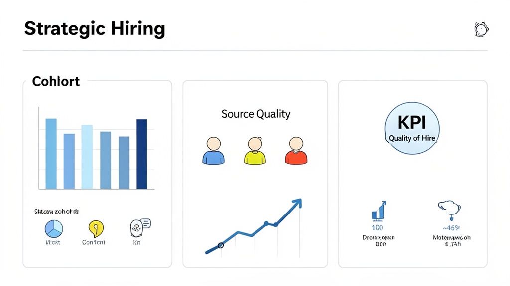 Dashboard presenting strategic hiring metrics for cohort analysis, source quality, and quality of hire KPIs.