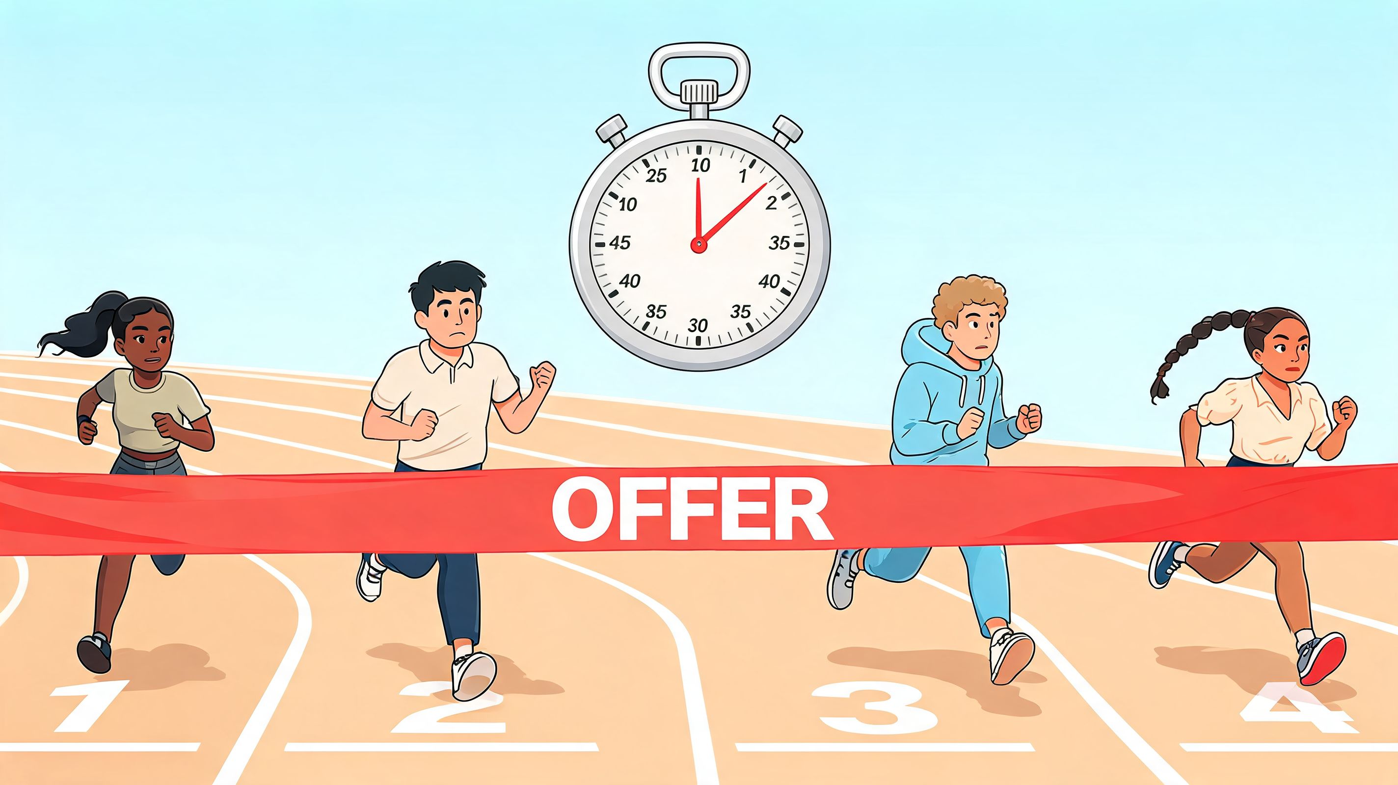 Four runners racing towards a red finish line tape labeled with the word Offer.