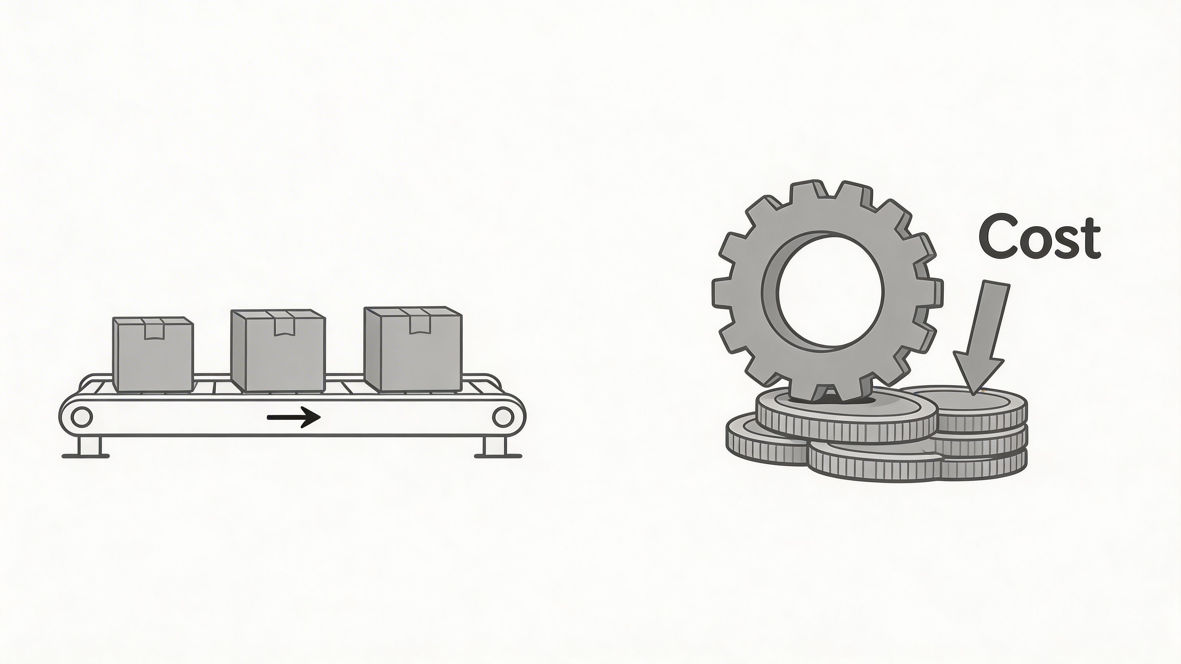 An illustration showing three boxes on a conveyor belt next to a gear resting on coins.