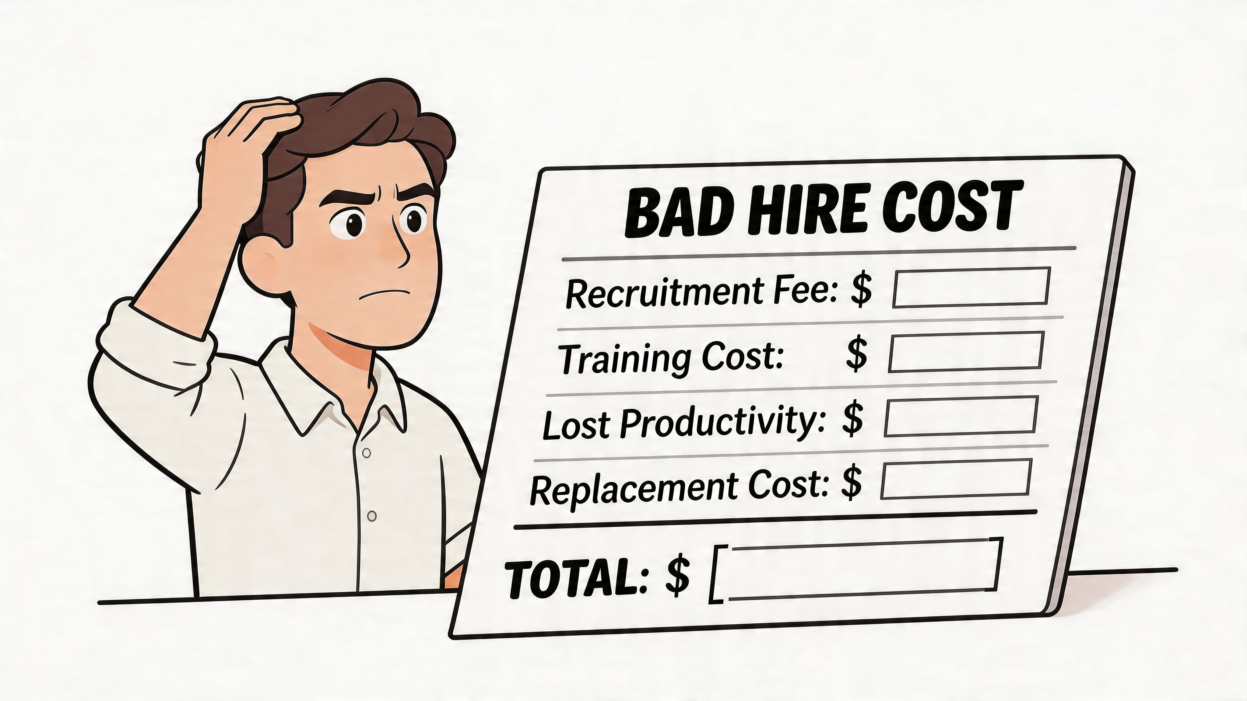 A confused man looking at a sign listing expenses associated with the cost of a bad hire.