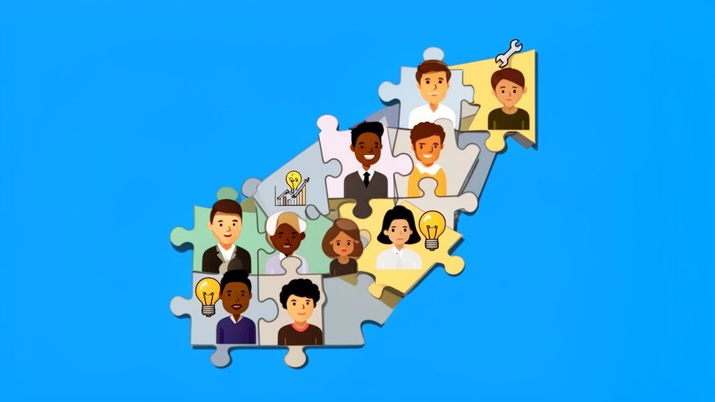 Diverse group of people as puzzle pieces, symbolizing collaboration, skills, and ideas.