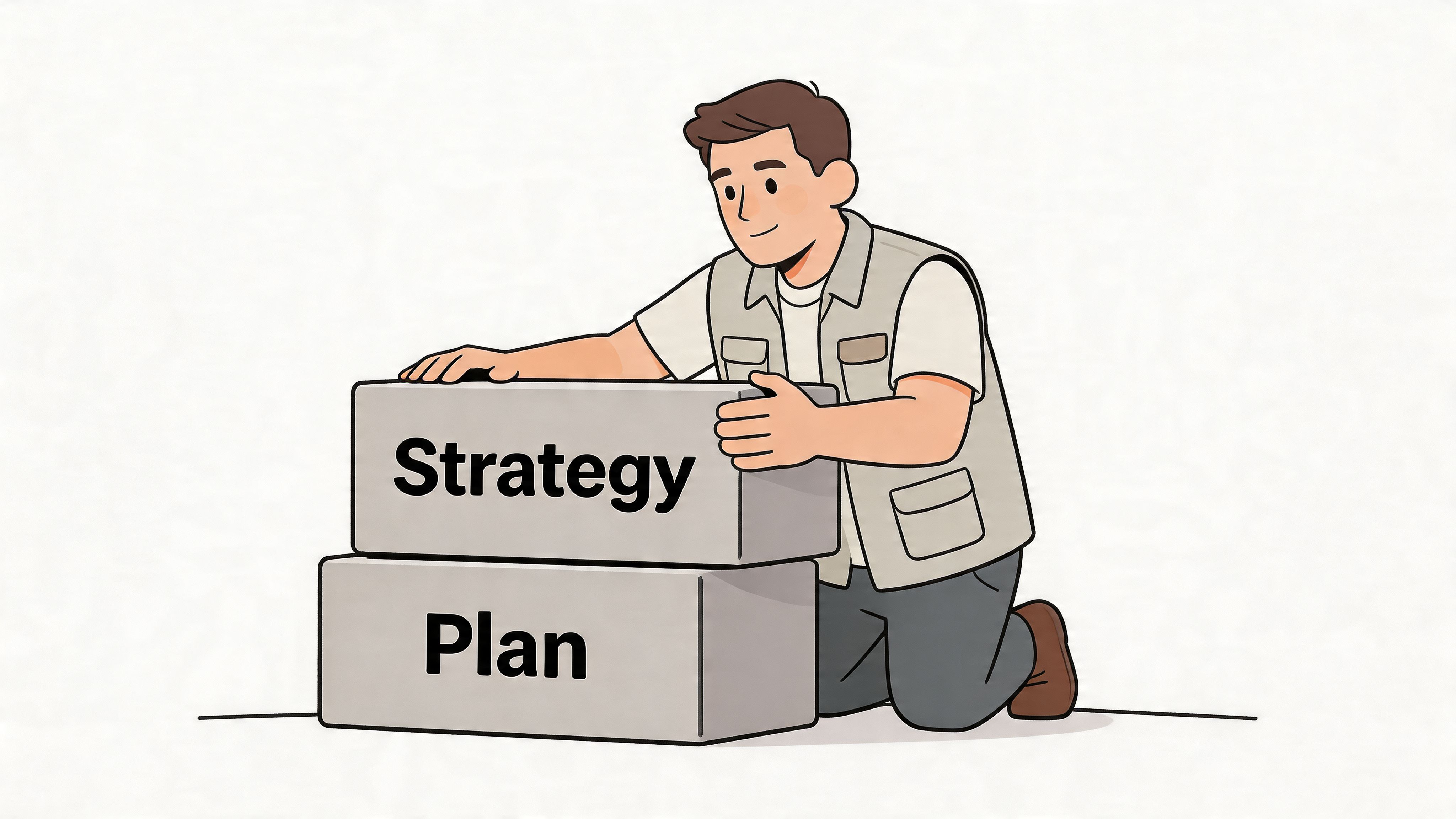 A man in a vest kneeling and carefully stacking a block labeled Strategy onto a Plan block.
