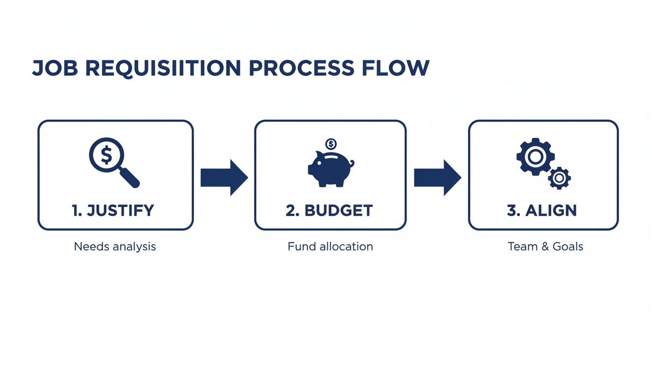 Flowchart showing the job requisition process with three steps: Justify, Budget, and Align.