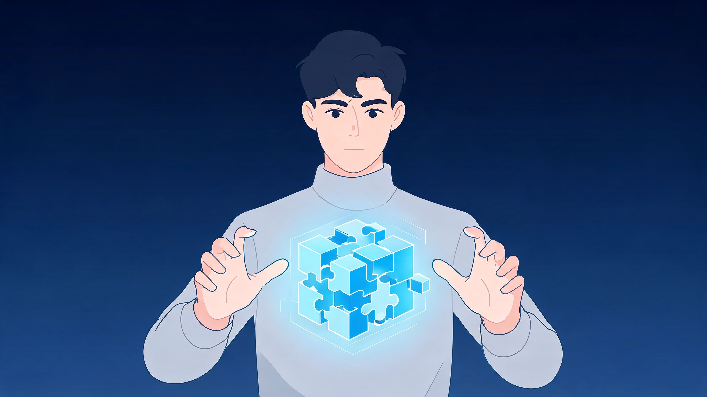 A digital illustration of a young man using his hands to interact with a glowing puzzle cube.
