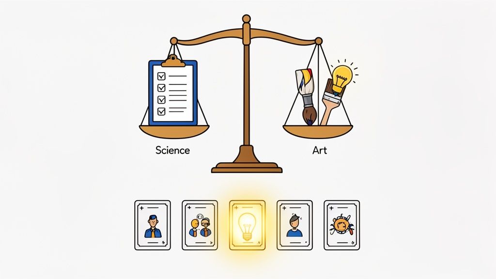 A balance scale weighing science (checklist) and art (paintbrushes, lightbulb), with an illuminated lightbulb card below.