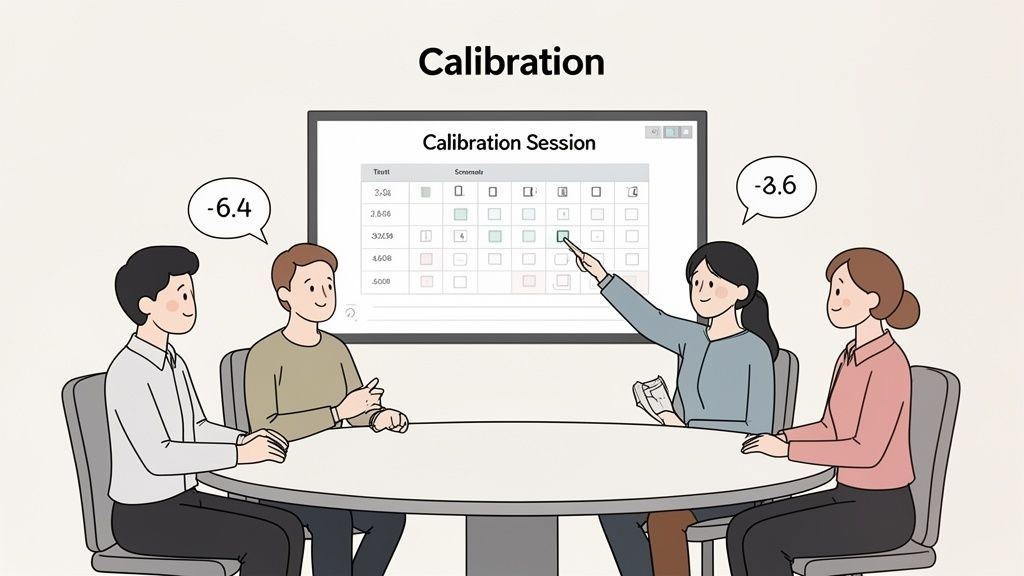 Four people discuss scores on a digital rubric during a calibration session, with -6.4 and -3.6 displayed.