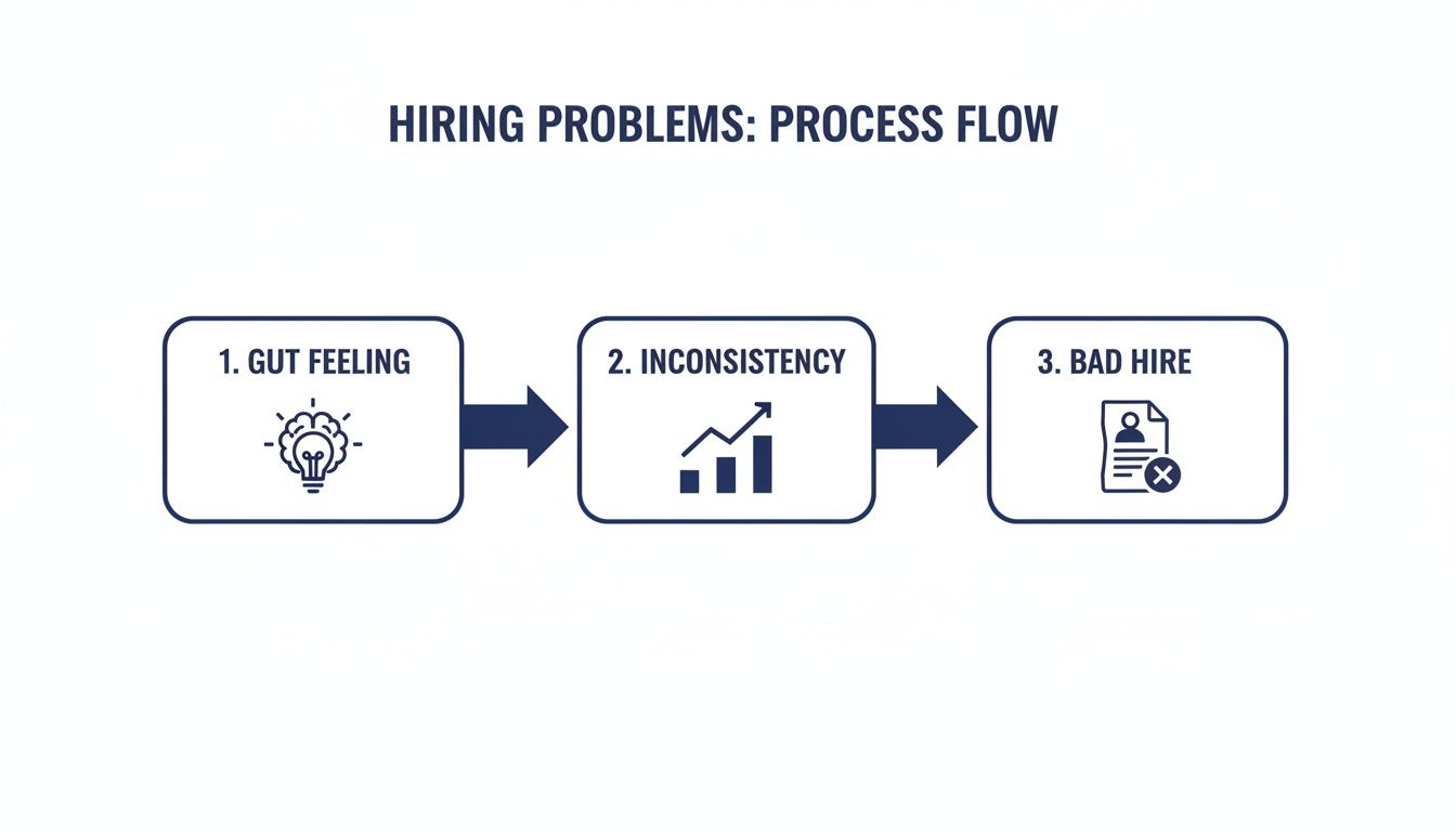 A flowchart showing the hiring problems process: gut feeling, inconsistency, and resulting in a bad hire.