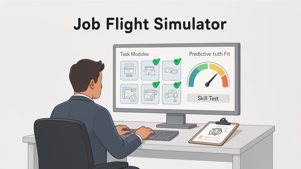 An illustration of a person using a "Job Flight Simulator" with task modules and a skill test gauge.
