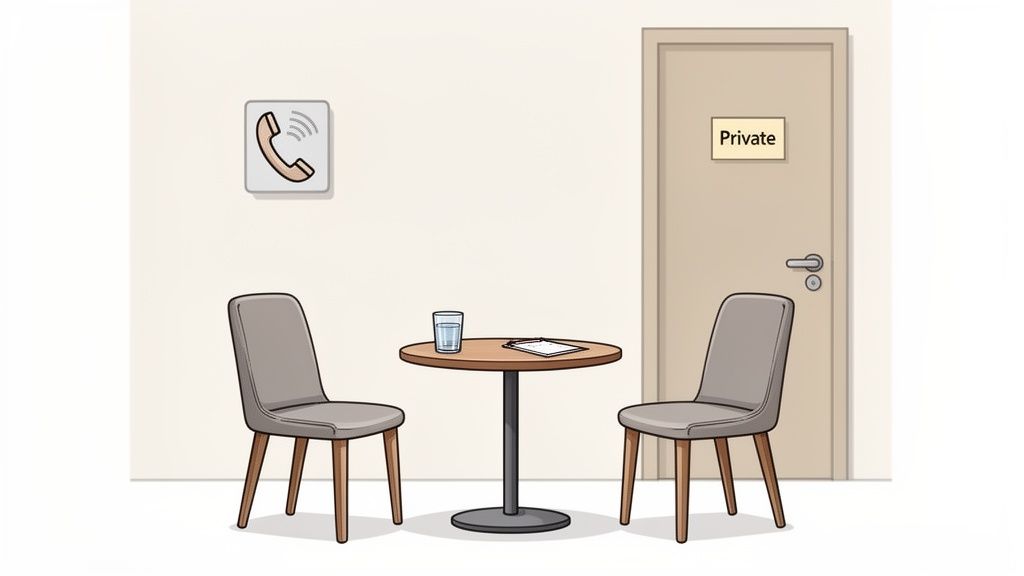A cartoon drawing depicting an interview or private meeting room with two chairs and a table.
