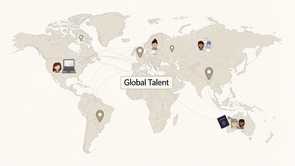 A world map with diverse cartoon people and location pins illustrating global talent and international hiring.