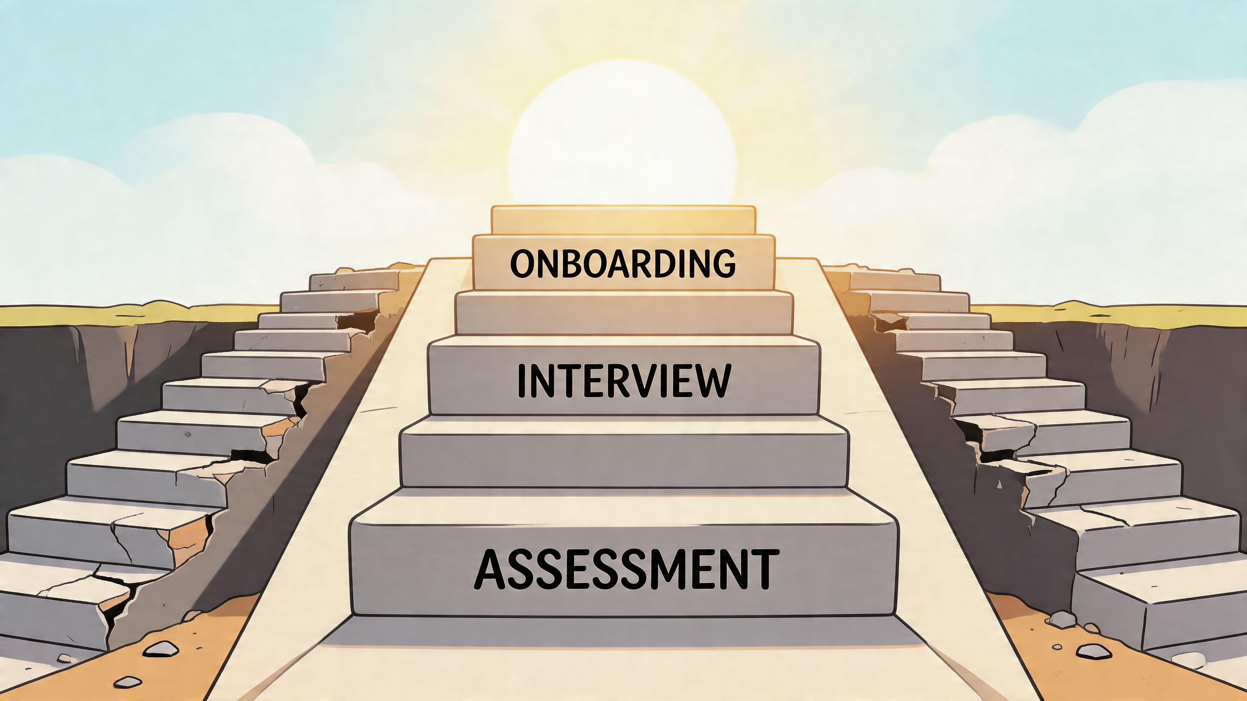 A conceptual staircase leading to the sun, labeled with stages including assessment, interview, and onboarding.