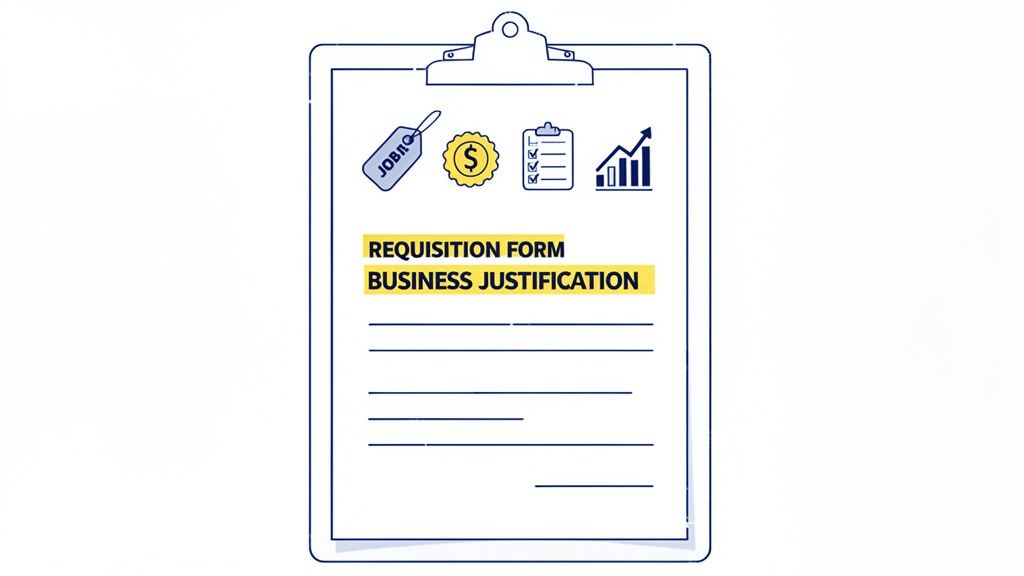 A clipboard showing a requisition form for business justification with icons for job, money, checklist, and growth.