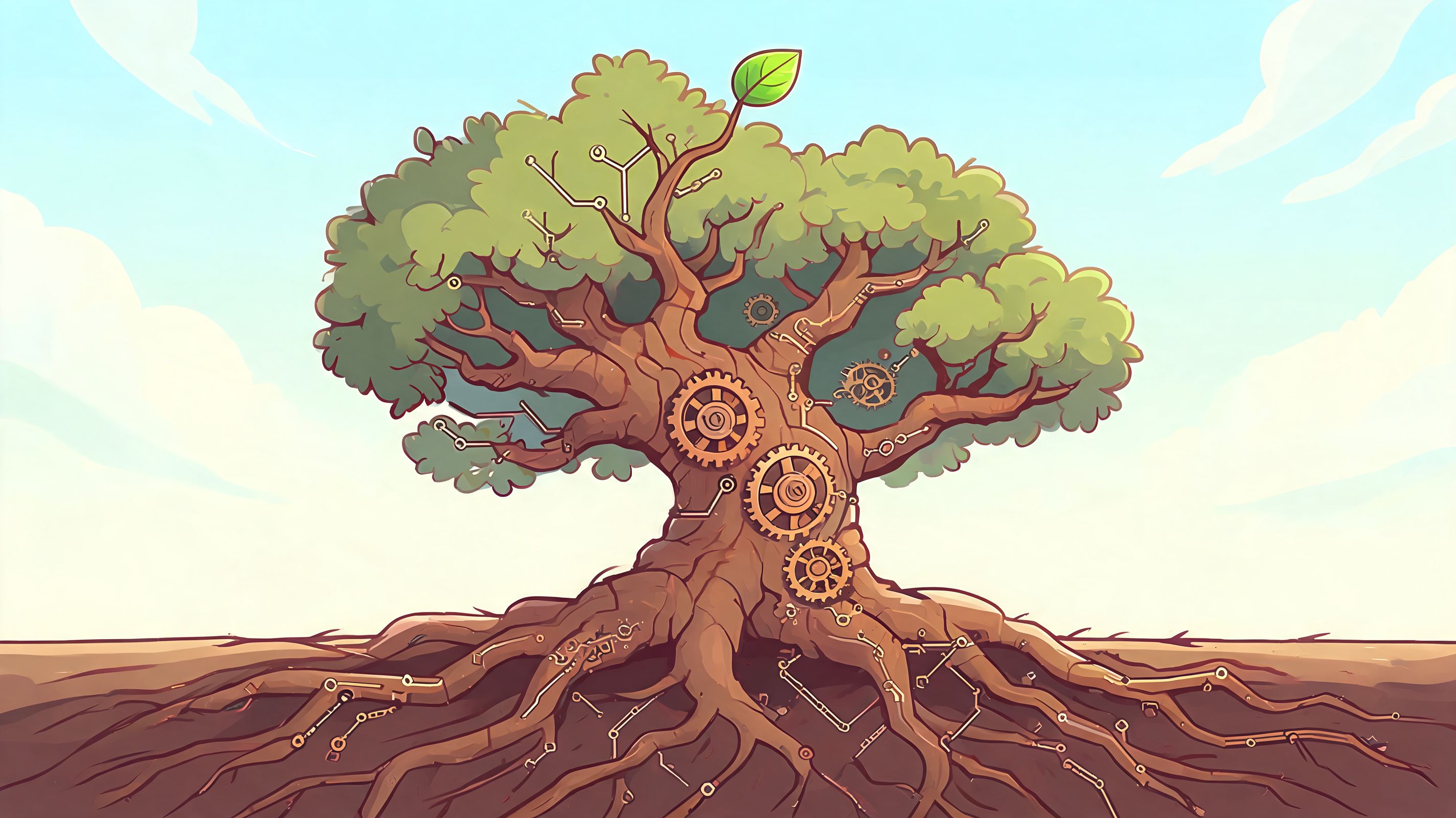 A conceptual illustration of a tree featuring mechanical gears and circuit boards growing from roots.