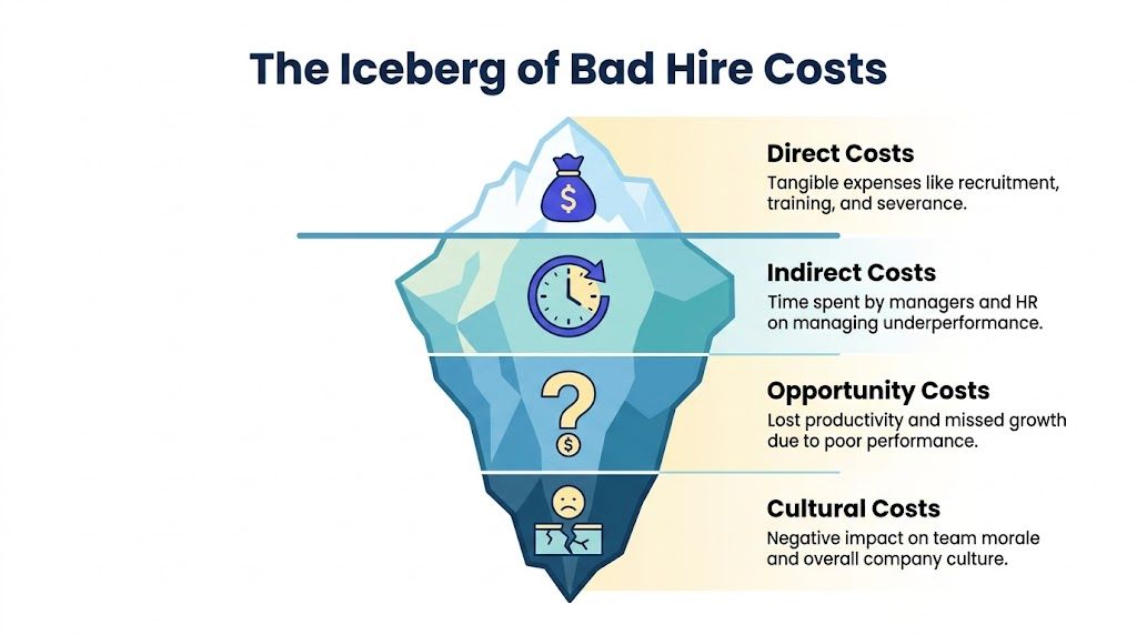 An infographic titled The Iceberg of Bad Hire Costs showing direct, indirect, opportunity, and cultural financial impacts.