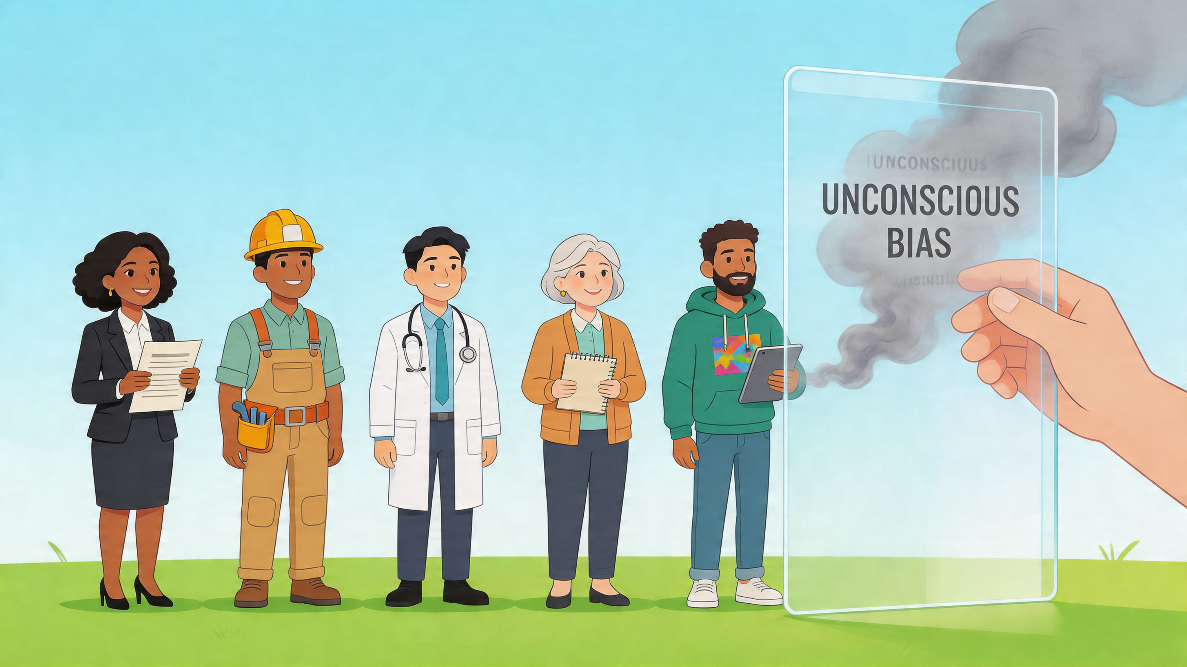 A diverse group of professionals standing in a line as a hand holds a glass of unconscious bias.