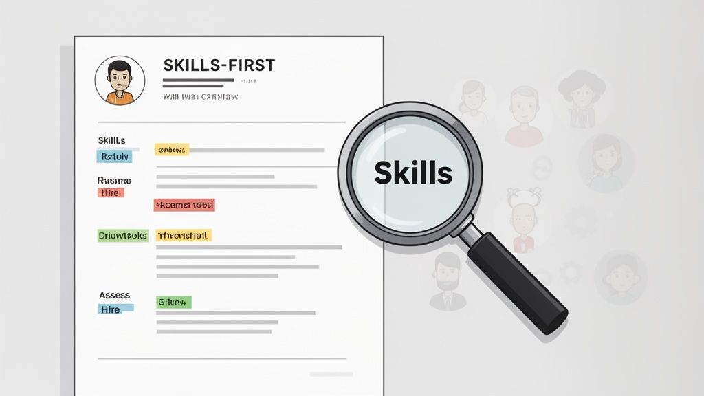 A resume titled 'Skills-First' being examined by a magnifying glass highlighting 'Skills' for hiring.