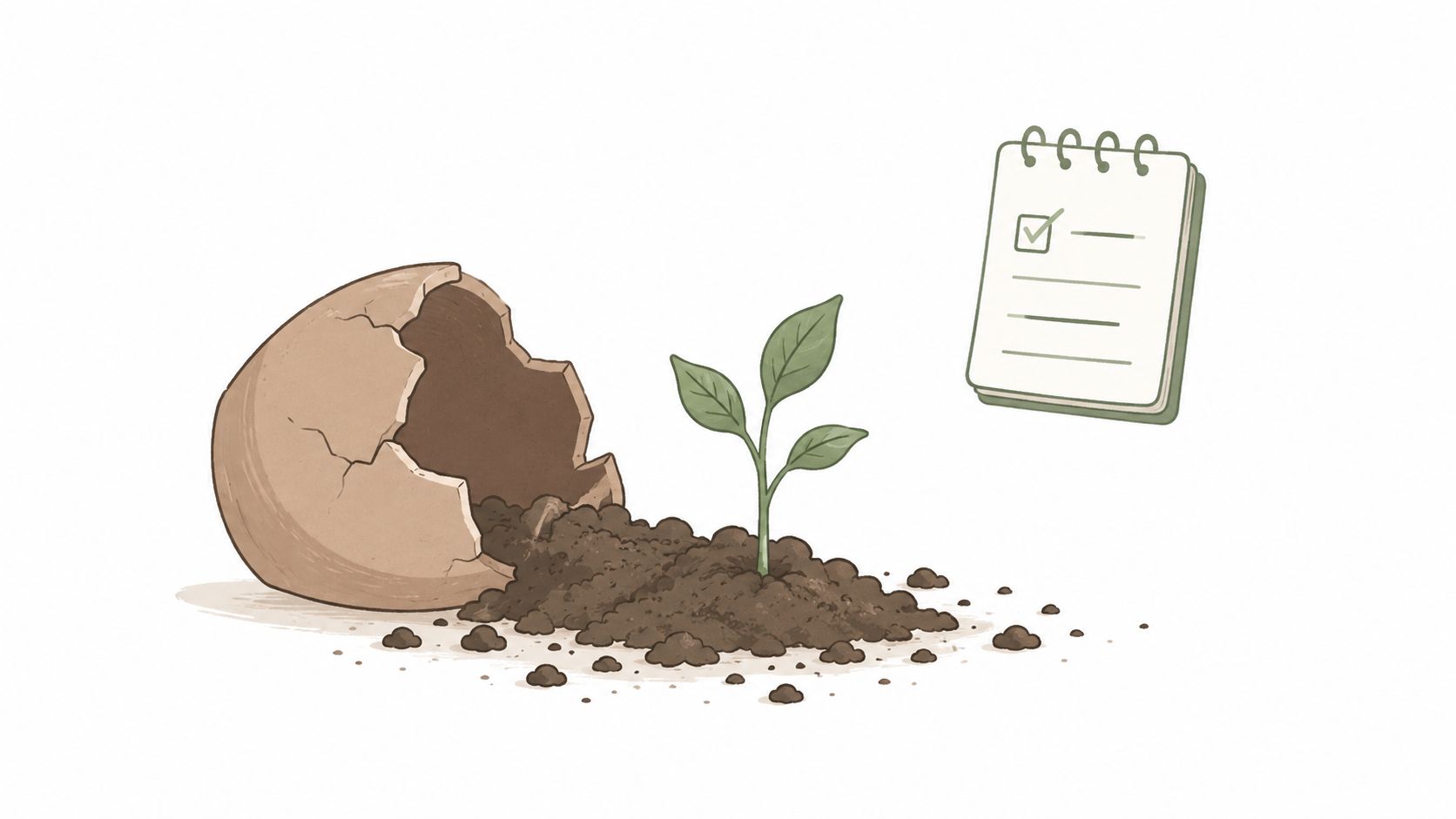 A small green sprout growing from cracked eggshell with soil and a checklist icon nearby.