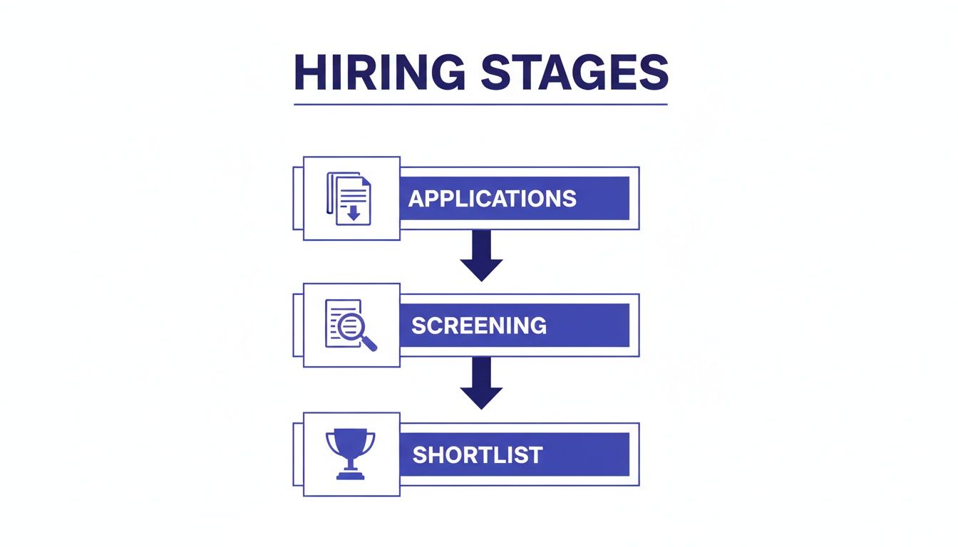A flowchart illustrating three hiring stages: Applications, Screening, and Shortlist, with descriptive icons.
