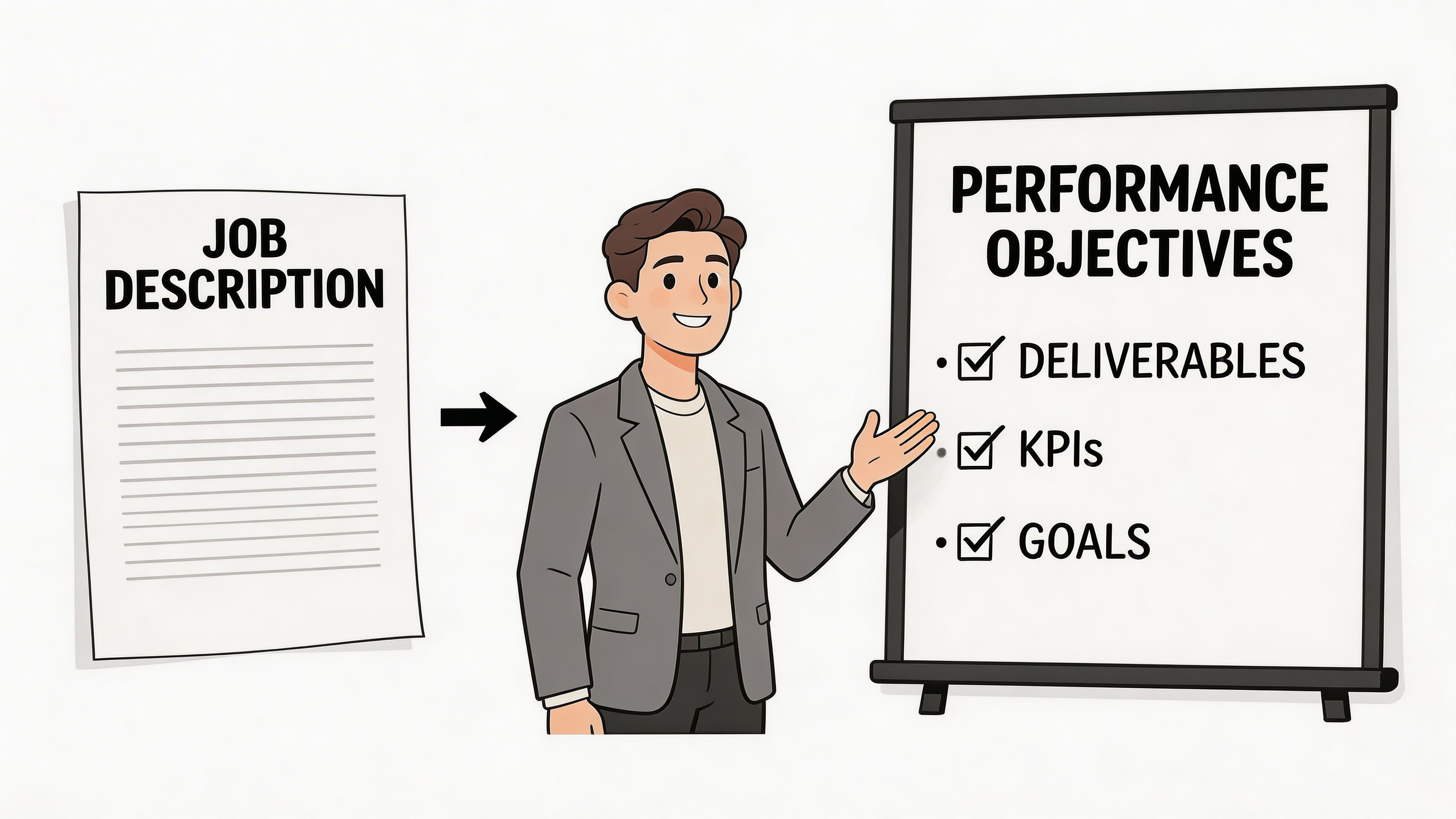 A professional man standing next to a whiteboard listing job performance objectives like deliverables, KPIs, and goals.