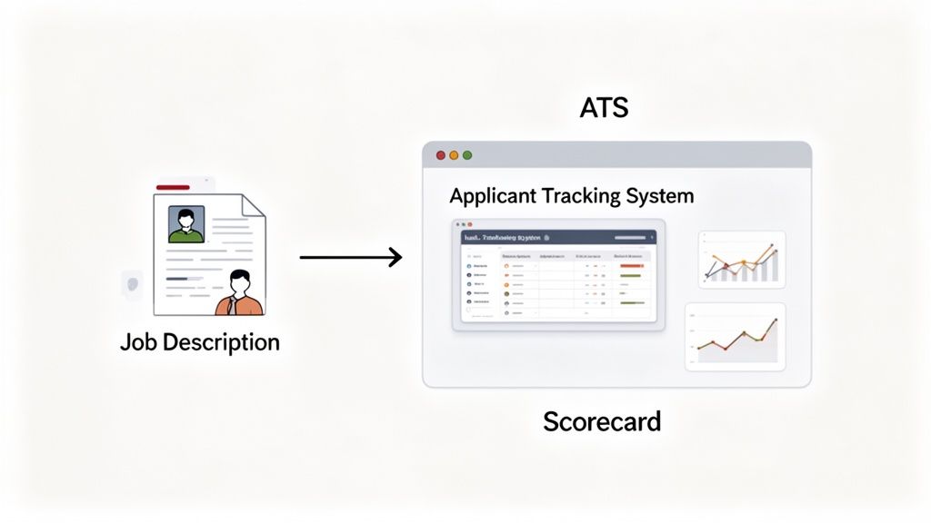 Diagram showing a Job Description leading to an Applicant Tracking System (ATS) with a scorecard.