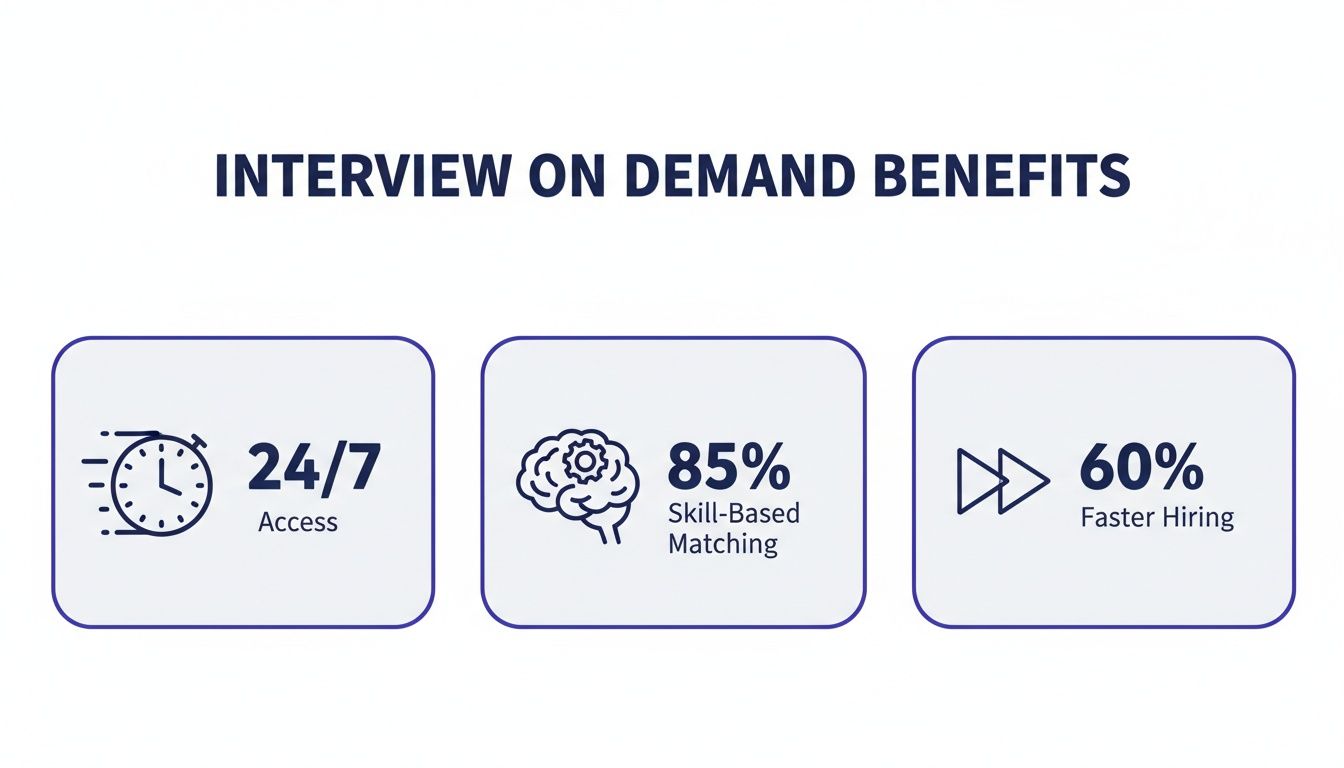 Infographic detailing interview on demand benefits: 24/7 access, 85% skill-based matching, and 60% faster hiring.