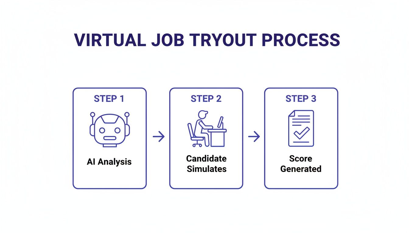 A diagram illustrating the three steps of a virtual job tryout process: AI analysis, candidate simulation, and score generation.