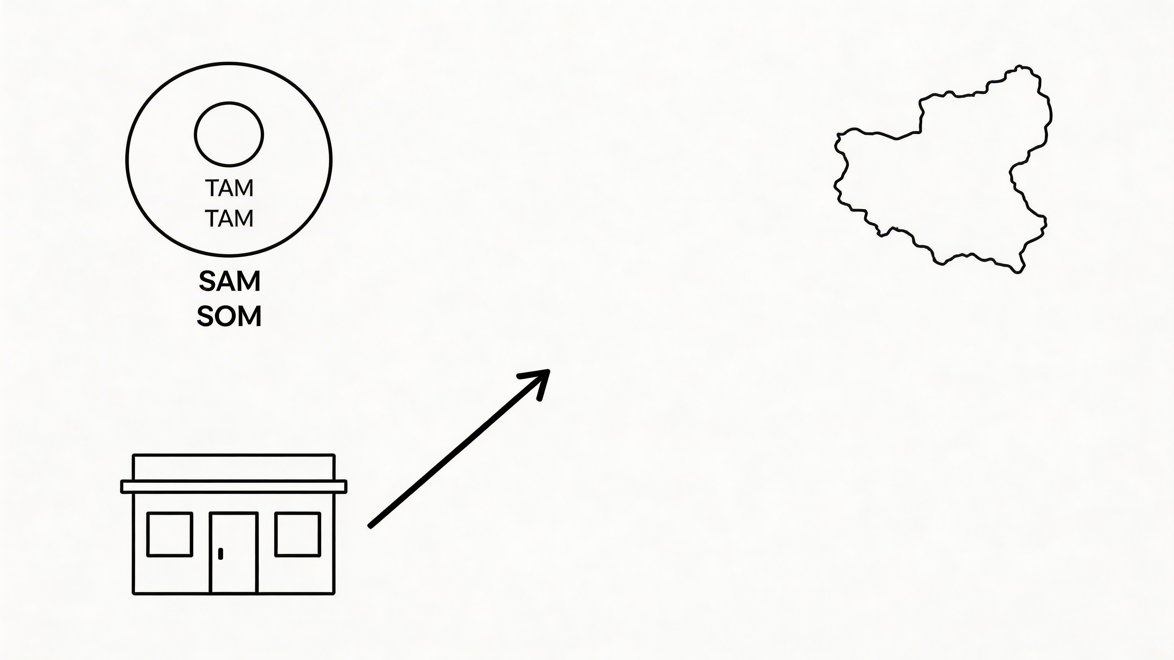 A minimalist graphic illustrating a business consulting framework with a building, a circular diagram, and a map outline.