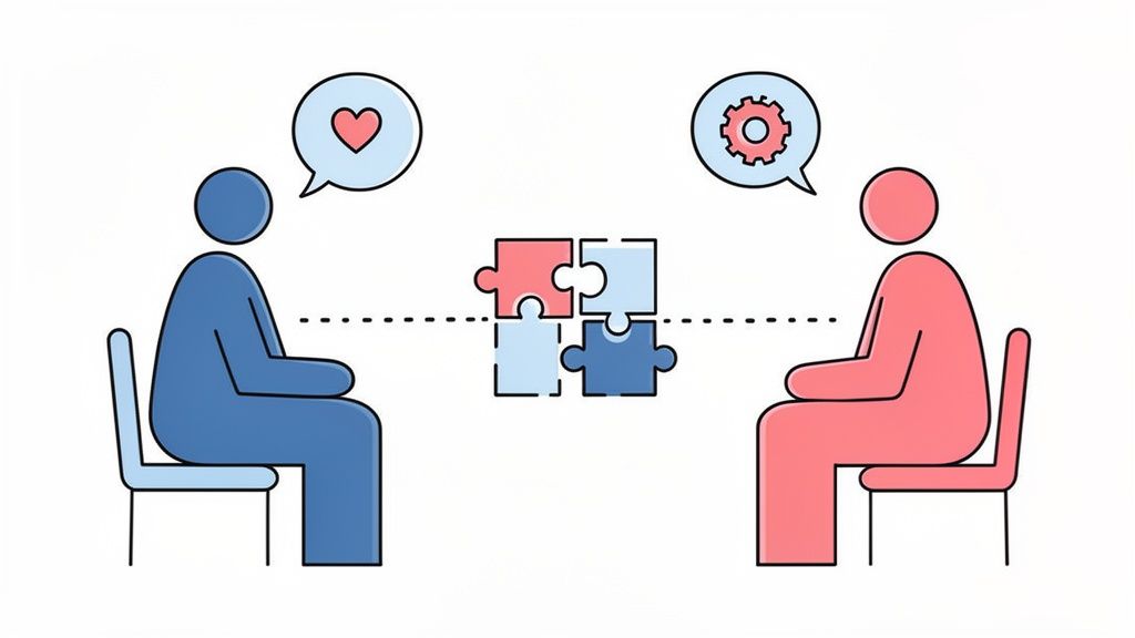 Two people representing emotion and logic connect with puzzle pieces, symbolizing collaboration and understanding.